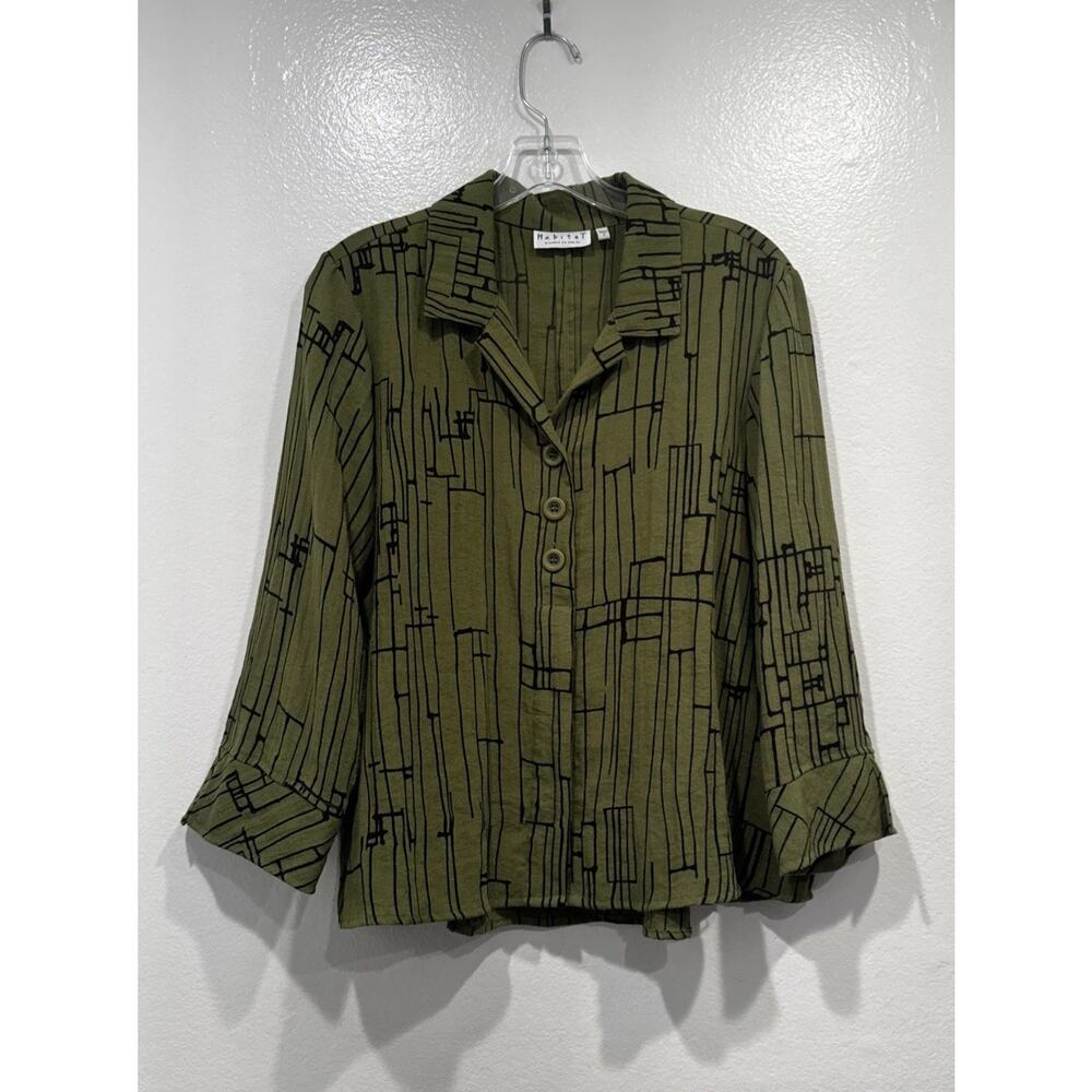 HABITAT Size Small Lagenlook Art To Wear Green Black Abstract Blouse‎ Top Artsy